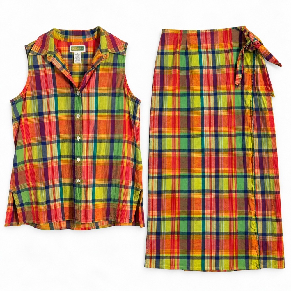 Neon Plaid 2 Piece Set Cotton Sleeveless Shirt Wrap Skirt L Maximalist Academia